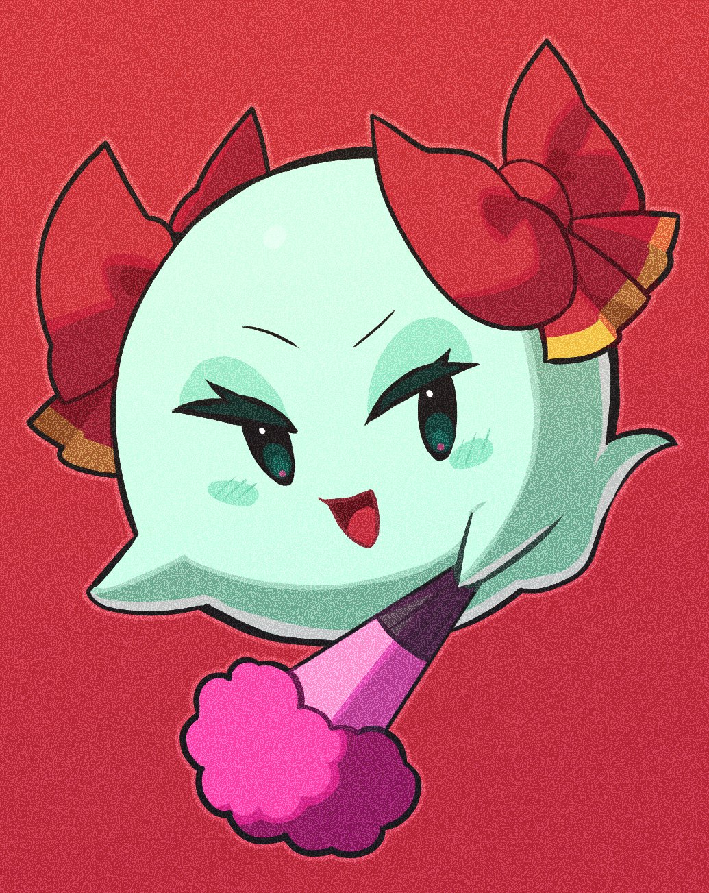 1girl black_eyes black_outline bow bow_(paper_mario) ghost hand_fan highres holding holding_fan looking_at_viewer mario_(series) nintendo open_mouth outline paper_mario paper_mario_64 red_background red_bow red_headwear simple_background smile solo tanpopo_hayabusa-maru