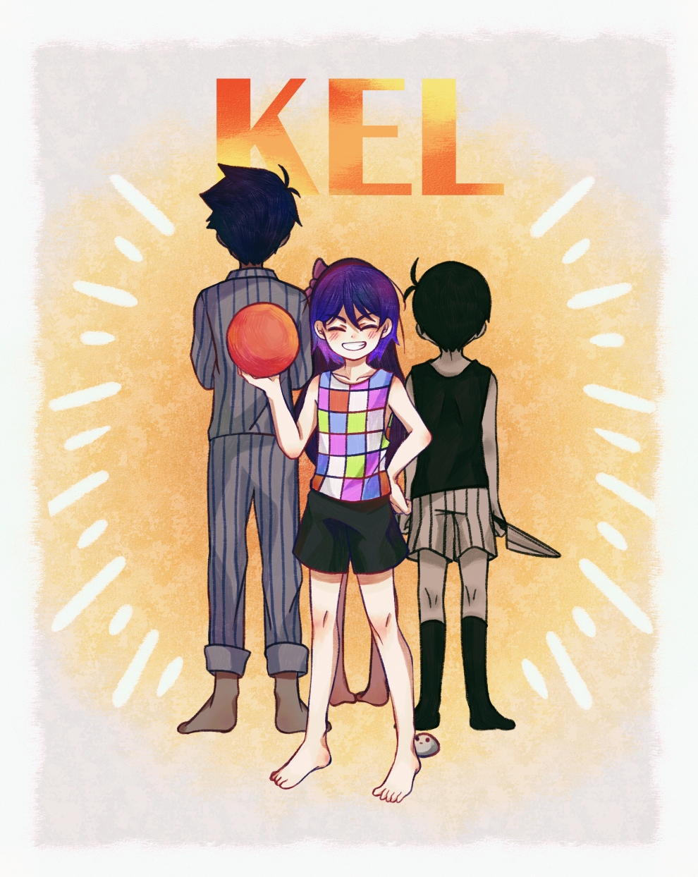 1girl 3boys antenna_hair arms_at_sides aubrey_(headspace)_(omori) aubrey_(omori) back-to-back ball bare_arms bare_shoulders barefoot black_hair black_shorts black_socks black_tank_top blush border bow brothers character_name checkered_clothes colored_skin commentary_request facing_viewer full_body grin hair_behind_ear hair_between_eyes hair_bow hand_on_own_hip hatching_(texture) hector_(omori) hero_(headspace)_(omori) hero_(omori) highres holding holding_ball holding_knife kel_(headspace)_(omori) kel_(omori) kneehighs kneepits knife linglanjunying long_hair multiple_boys no_shoes omori omori_(omori) orange_background pants pink_bow rock shirt short_hair shorts siblings simple_background smile socks standing striped_clothes striped_pants striped_shirt striped_shorts tank_top v-shaped_eyebrows vertical-striped_clothes vertical-striped_pants vertical-striped_shirt vertical-striped_shorts white_border white_pants white_shirt white_shorts white_skin