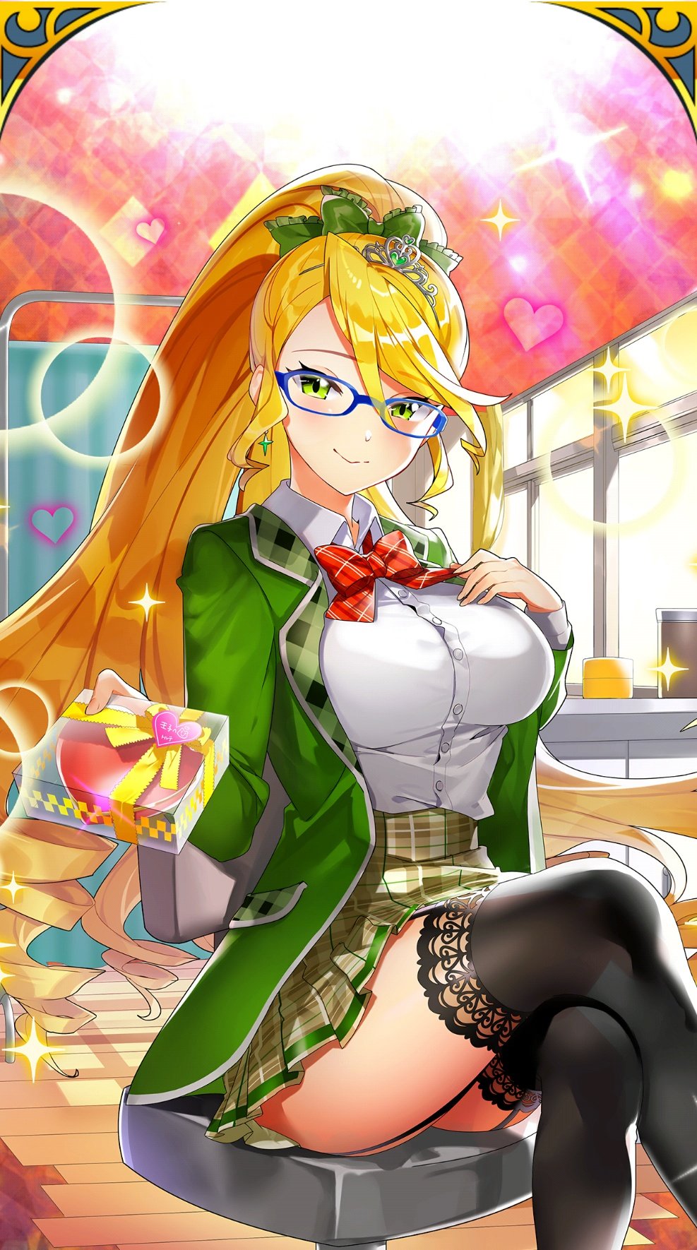 1girl black_thighhighs blonde_hair bow bowtie breasts chair chocolate coat food glasses green_coat highres holding holding_chocolate holding_food large_breasts long_hair masyu_yuyu on_chair plaid_clothes plaid_skirt ponytail red_bow red_bowtie shirt sitting skirt thighhighs torte_zief uchi_no_hime-sama_ga_ichiban_kawaii white_shirt window yellow_eyes yellow_skirt