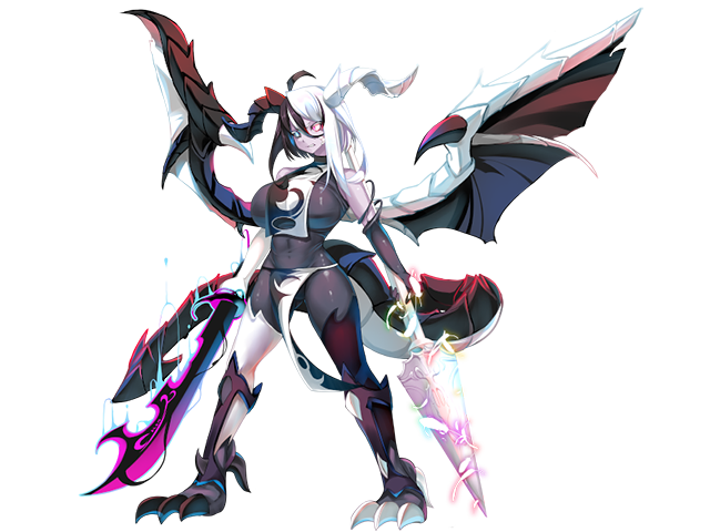 ahoge bare_shoulders black_hair black_horns black_sclera black_thighhighs bodysuit breast_curtain breasts bright_pupils clawed_feet colored_sclera colored_skin dragon_girl dragon_horns dragon_tail dragon_wings energy game_cg grin heterochromia holding holding_polearm holding_sword holding_weapon horns koron_(mon-musu_quest!) large_breasts mon-musu_quest! mon-musu_quest:_paradox monster_girl multicolored_hair non-web_source nose pelvic_curtain polearm purple_eyes purple_skin red_eyes scimitar scowl sharp_teeth shiki_(psychedelic_g2) smile split-color_hair sword tail teeth thighhighs variant_set weapon white_hair white_horns white_pupils white_thighhighs wings