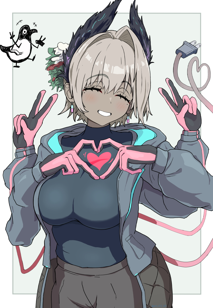 1girl :d ^_^ arknights black_gloves black_jacket black_shirt blush border breasts closed_eyes commentary_request dark-skinned_female dark_skin double_v electric_plug electric_plug_tail extra_arms facing_viewer four-finger_heart_hands gloves grey_background grey_hair grin hair_between_eyes hair_intakes heart heart_hands highres jacket large_breasts long_sleeves mole mole_under_each_eye mole_under_eye multiple_moles open_mouth outside_border own_hands_together partial_commentary pink_gloves raidian_(arknights) shirt short_hair simple_background smile solo tail u5_oekaki v white_border