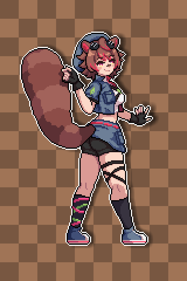 1girl animal_ears bandaid bandaid_on_face bandaid_on_nose belt beret black_gloves black_shorts black_socks blue_hat blue_jacket blue_overskirt blue_shoes brown_background brown_hair brown_tail checkered_background chest_strap colored_tips commentary_request criss-cross_straps cropped_jacket fingerless_gloves from_behind full_body gloves goggles goggles_on_head hand_up hat indie_virtual_youtuber jacket kneehighs legs_apart looking_at_viewer looking_back midriff multicolored_hair multiple_thigh_straps naviel open_hand outstretched_arm overskirt pixel_art raccoon_ears raccoon_girl raccoon_tail rakkun_sutaru rakkun_sutaru_(4th_costume) red_belt red_eyes red_hair shin_strap shirt shoes short_hair shorts smirk sneakers socks solo spanish_commentary standing striped_tail tail turtleneck turtleneck_jacket virtual_youtuber white_shirt