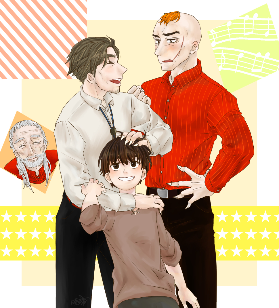 4boys alternate_universe bad_id bad_twitter_id beard black_hair brown_hair commentary closed_eyes facial_hair headpat larten_crepsley male_focus mine_akatsuki multiple_boys old old_man orange_hair scar scar_on_face seba_nile short_hair smile stubble the_saga_of_darren_shan the_saga_of_larten_crepsley wester_flack
