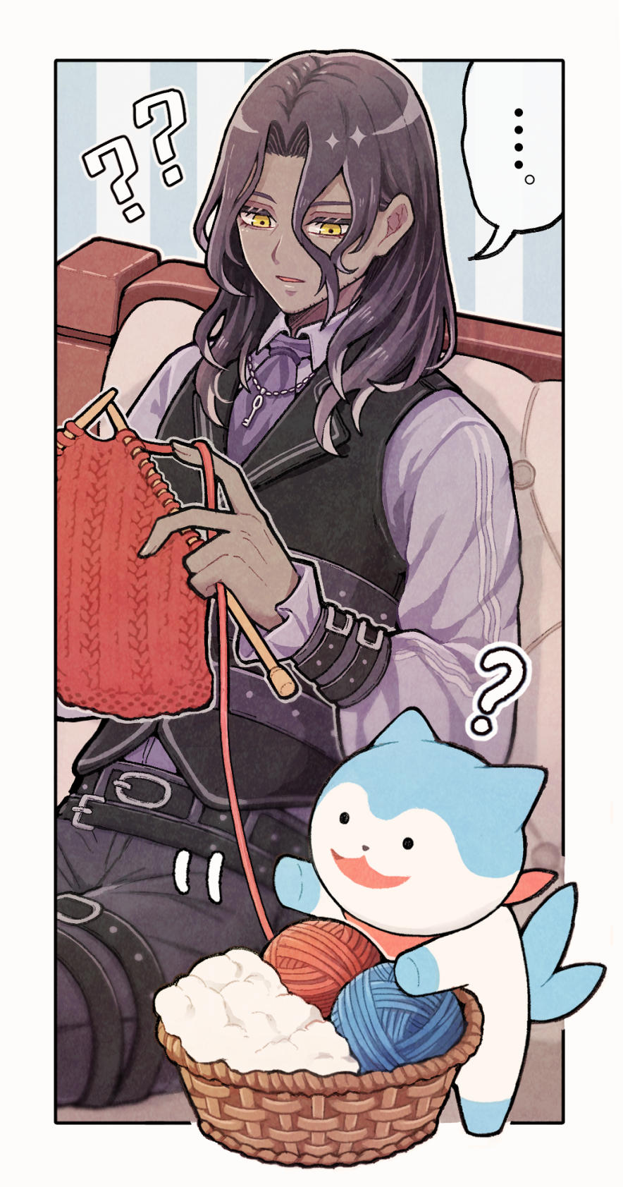 1boy ascot belt belt_buckle black_hair buckle cable_knit dark-skinned_male dark_skin fire_emblem fire_emblem_engage highres knitting kuhaha long_sleeves medium_hair nintendo open_mouth sitting solo sommie_(fire_emblem) wool yellow_eyes zelkov_(fire_emblem)