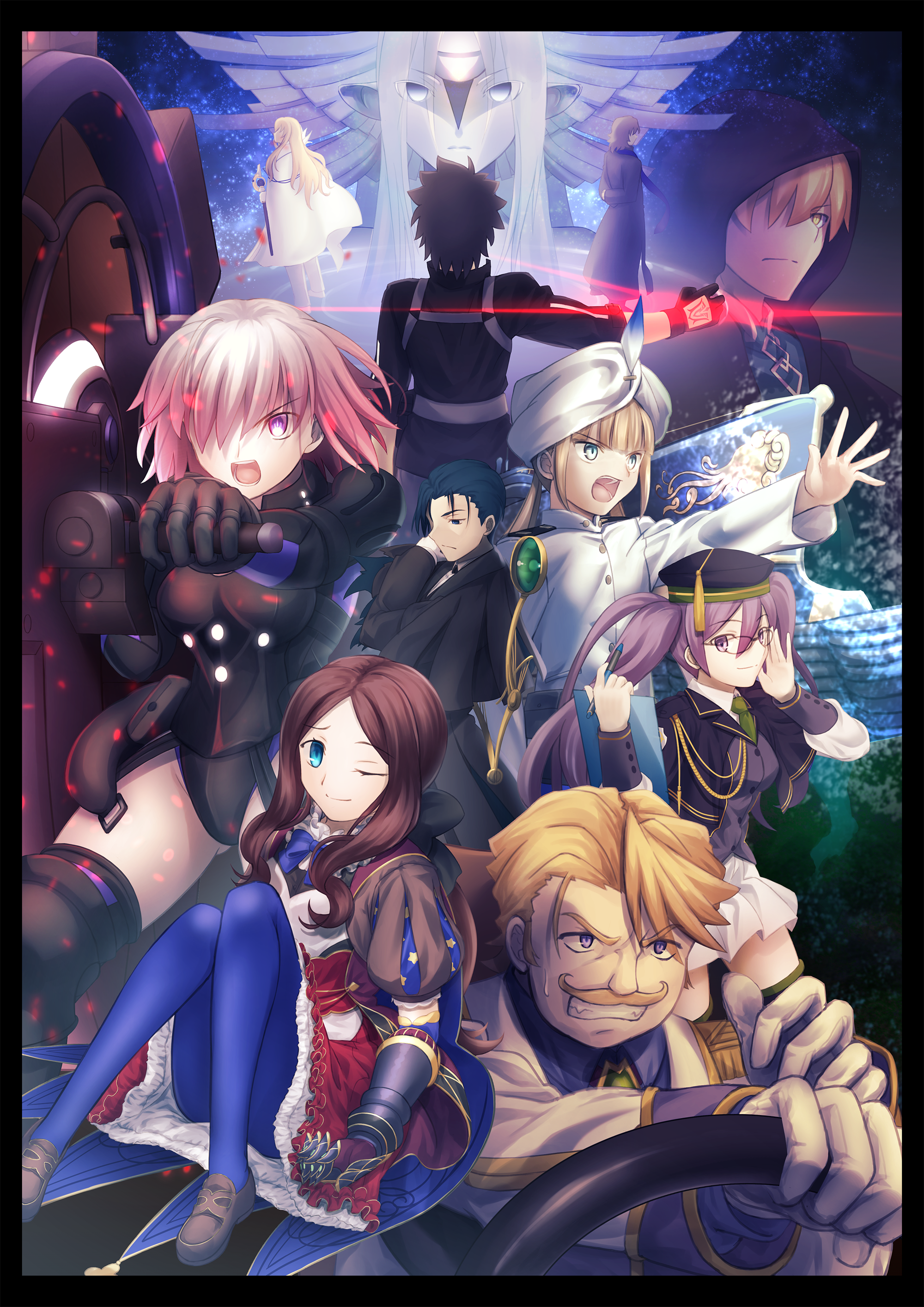 absurdres armor armored_leotard arms_behind_back black-framed_eyewear black_armor black_capelet black_cloak black_gloves black_hair black_jacket blonde_hair blue_eyes blue_pantyhose brown_hair buttons cape capelet captain_nemo_(fate) chaldea_no_mono cloak colored_skin command_spell commentary_request dress facial_hair fate/grand_order fate_(series) fingerless_gloves from_behind fujimaru_ritsuka_(male) fujimaru_ritsuka_(male)_(polar_chaldea_uniform) gauntlets glasses gloves goredolf_musik green_necktie grey_eyes grey_hair grey_skin gun hair_over_one_eye hat highres holding holding_gun holding_staff holding_weapon hood hood_up hooded_cloak jacket juliet_sleeves kirschtaria_wodime kotomine_kirei leonardo_da_vinci_(fate) leonardo_da_vinci_(fate/grand_order) leonardo_da_vinci_(rider)_(fate) leotard long_hair long_sleeves mash_kyrielight mash_kyrielight_(ortenaus) multiple_boys multiple_girls mustache necktie nemo_(fate) one_eye_closed one_eye_covered orange_hair pantyhose pink_hair pointy_ears ponytail priestess_of_the_alien_god puffy_sleeves purple_eyes purple_hair purple_hat rasputin_(fate) red_dress sherlock_holmes_(fate) shoori_(migiha) short_hair sion_eltnam_(type-moon) sion_eltnam_sokaris sitting smile staff twintails very_long_hair weapon white_cape white_gloves yellow_eyes