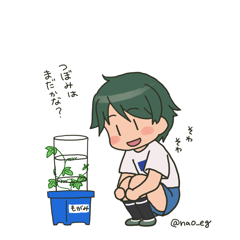 1girl blue_skirt blush_stickers commentary_request full_body green_hair kantai_collection mogami_(kancolle) mogami_(lawson)_(kancolle) nao_(nao_eg) official_alternate_costume plant potted_plant shirt short_hair simple_background skirt smile solo squatting swept_bangs t-shirt translation_request twitter_username white_background white_shirt |_|