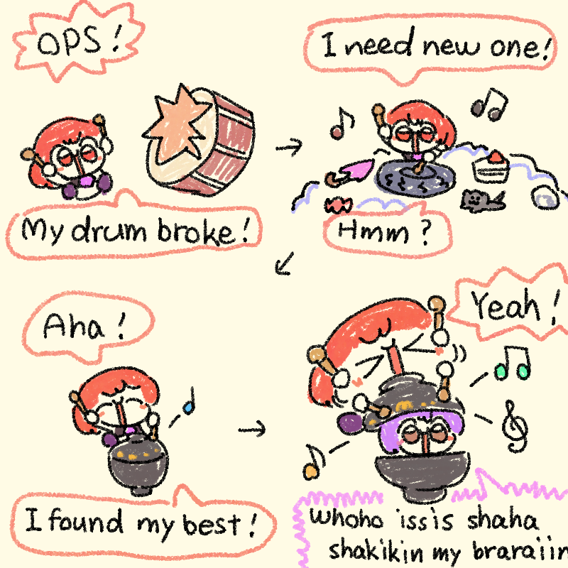 &gt;_&lt; 2girls black_headwear bowl bowl_hat cake candy cat commentary drum drumsticks english_text food hat holding holding_drumsticks horikawa_raiko instrument multiple_girls music musical_note numenoko playing_instrument purple_hair red_hair short_hair simple_background speech_bubble sukuna_shinmyoumaru tan_tan_pou touhou umbrella yellow_background