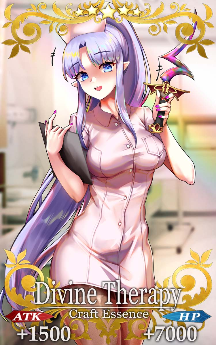 1girl :d alternate_costume blue_eyes blurry blurry_background blush breasts card_(medium) clipboard commentary_request craft_essence_(fate) dress fate/grand_order fate_(series) female_focus foxyreine hat highres holding holding_clipboard holding_knife hospital knife long_hair looking_at_viewer medea_(fate) medea_lily_(fate) medium_breasts nail_polish nurse nurse_cap open_mouth pantyhose parody pink_dress pointy_ears ponytail purple_hair purple_nails rulebreaker short_dress smile solo very_long_hair