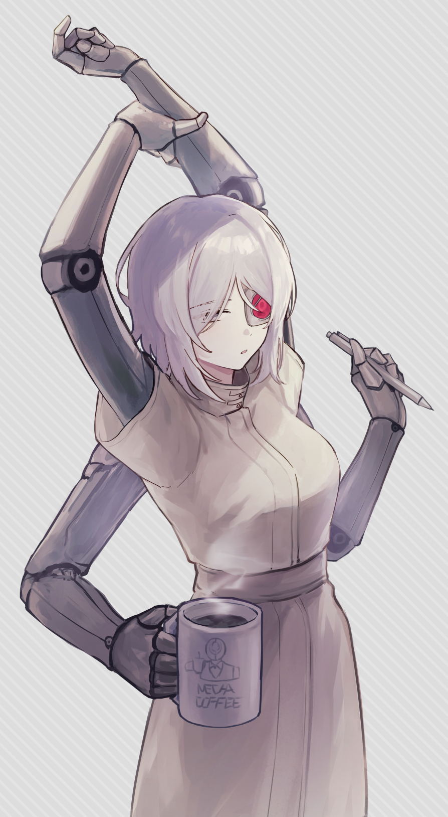 1girl arms_up artificial_eye cowboy_shot cup diagonal-striped_background dress extra_arms faust_(project_moon) highres holding holding_cup holding_pen konoeda limbus_company looking_at_viewer mechanical_arms mechanical_eye mug multicrack_office_(identity)_(project_moon) parted_lips pen project_moon short_hair short_sleeves simple_background solo striped_background white_background white_dress white_hair