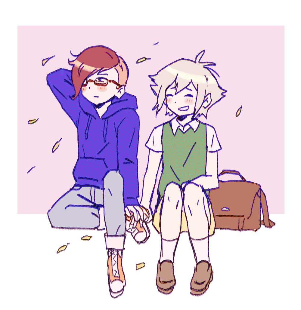 1boy 1girl bag basil_(faraway)_(omori) basil_(omori) blonde_hair blush brown_hair couple dating green_vest grey_pants hand_on_another_hand hetero hetero hood hoodie kim_(omori) kimsil_(omori) omori pants purple_hoodie red-framed_eyewear shirt shoes short_pants sneakers swept_bangs vest white_shirt