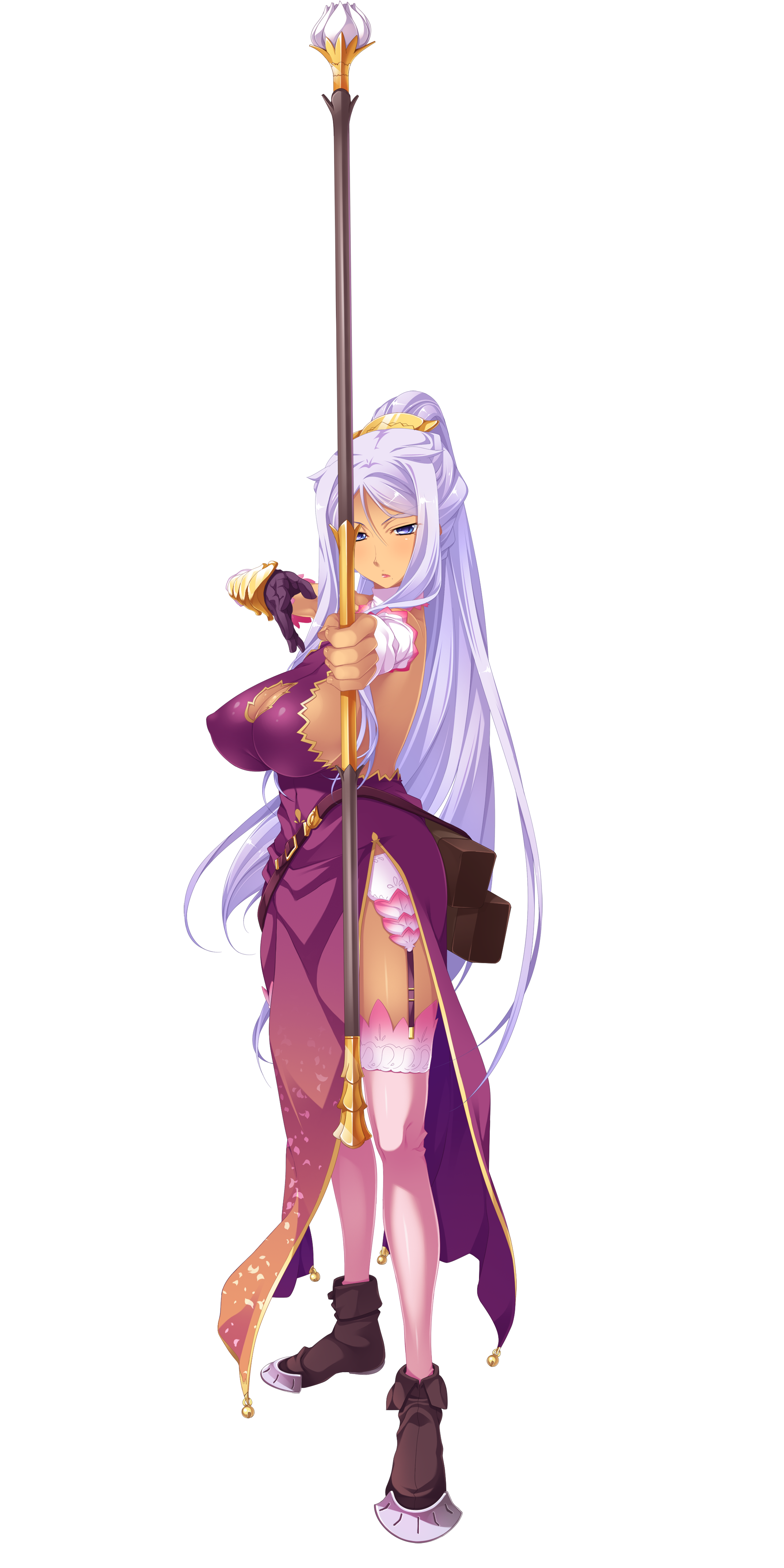 1girl absurdres arrow bibyo blue_eyes boots bow_(weapon) breasts china_dress chinese_clothes cleavage cleavage_cutout clothing_cutout dark_skin dark-skinned_female detached_sleeves dress female_focus full_body hands_on_own_hips highres hikage_eiji holding holding_bow_(weapon) holding_weapon koihime_musou kougai_(koihime_musou) large_breasts light_purple_hair long_hair looking_at_viewer mole mole_under_mouth official_art pelvic_curtain ponytail shin_koihime_musou sidelocks silver_hair sleeveless smile solo standing thighhighs transparent_background very_long_hair weapon