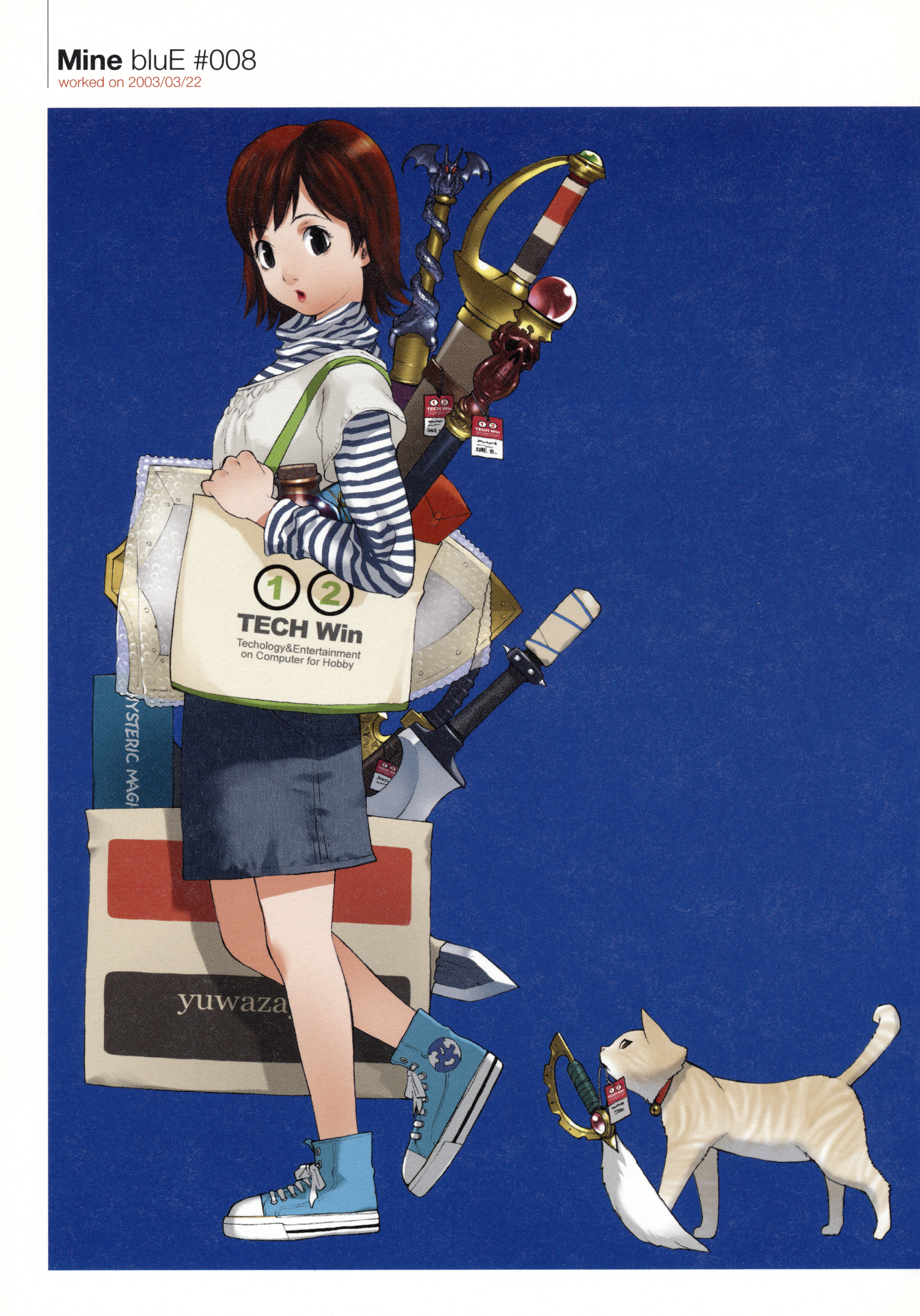 1girl absurdres animal artbook bag bell black_eyes blouse blue_background blue_shirt blue_shoes bottle brown_eyes brown_hair cat collar copyright_name dated denim denim_skirt diagonal-striped_clothes diagonal-striped_shirt full_body high_collar highres jingle_bell lipstick looking_at_viewer makeup mouth_hold neck_bell parted_lips scan shield shirt shoes short_hair simple_background skirt sneakers solo striped_clothes sword tabby_cat tag tech_win tif-to-png_conversion wand weapon white_shirt yoshizaki_mine