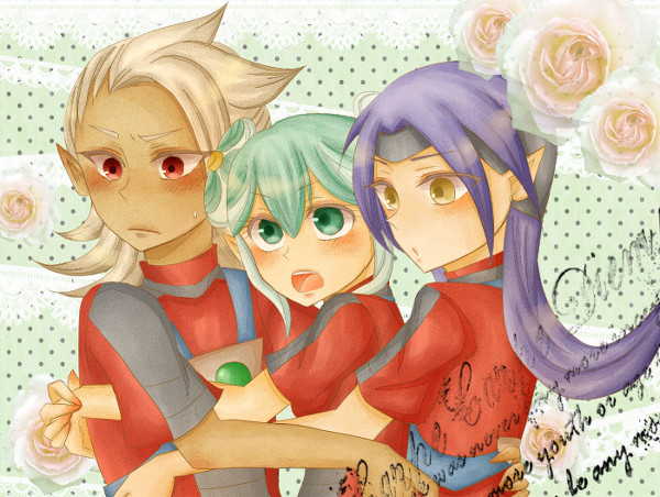 1girl 2boys flower green_eyes green_hair hug inazuma_eleven inazuma_eleven_(series) maquia metron_(inazuma_eleven) multiple_boys mutou_satoshi plant purple_hair red_eyes segata_ryuuichiro soccer_uniform sportswear stpr12 sumeragi_maki upper_body white_hair yellow_eyes zel