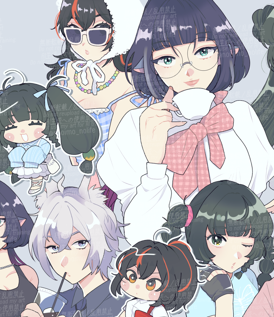1boy 3girls :d alternate_costume alternate_hairstyle animal_ears black_hair black_shirt blue_dress blue_shirt bow bowtie cat_ears chibi closed_eyes commentary_request cup disposable_cup dress drinking fujishima_(oimo_uma2) green_eyes green_hair grey_background grey_hair holding holding_cup jane_doe_(zenless_zone_zero) jewelry juliet_sleeves lips long_hair long_sleeves looking_at_viewer looking_over_eyewear mug multicolored_hair multiple_girls necklace one_eye_closed open_mouth outline ponytail puffy_sleeves qingyi_(zenless_zone_zero) red_bow red_bowtie red_eyes red_hair seth_lowell shirt short_hair skirt smile streaked_hair sunglasses too_many_watermarks twintails watermark white_outline white_shirt white_skirt zenless_zone_zero zhu_yuan