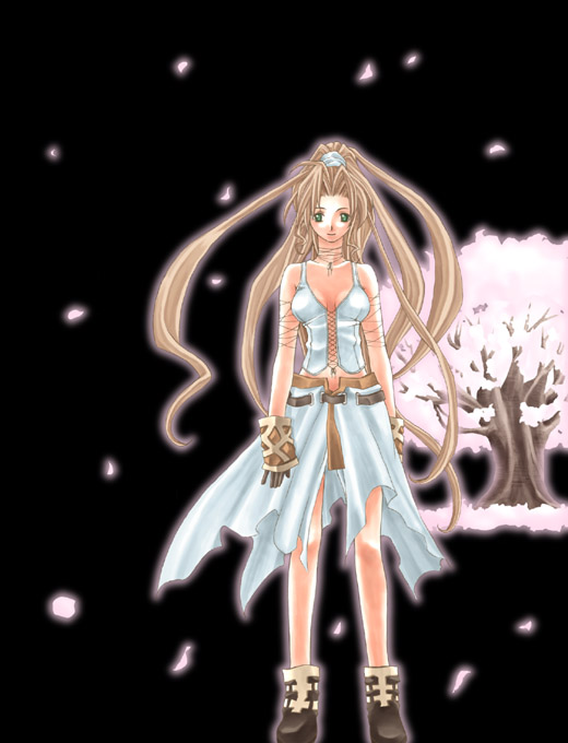 1girl aerith_gainsborough alternate_costume alternate_hairstyle alternate_headwear bad_id black_background bodice boots brown_boots brown_gloves brown_hair brown_skirt cherry_blossoms commentary_request falling_petals final_fantasy final_fantasy_vii full_body gloves green_eyes hair_tie happy high_ponytail jewelry layered_skirt long_hair looking_at_viewer necklace outer_glow overskirt parted_bangs pendant petals pink_petals ponytail rendezvous sidelocks skirt smile solo very_long_hair white_skirt