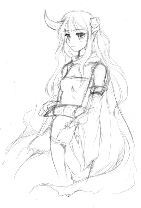 1girl female_focus graphite_(medium) greyscale longhorn monochrome os-tan pencil sketch solo traditional_media
