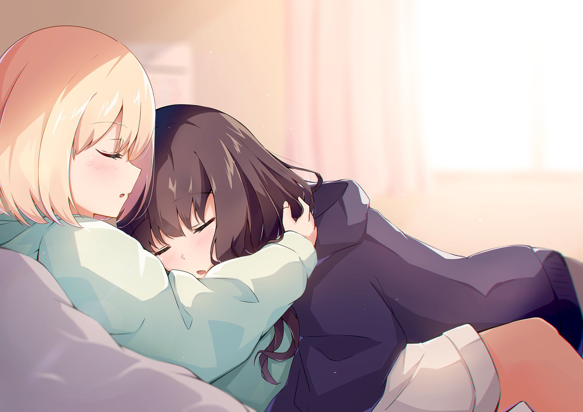 2girls black_hair blonde_hair blue_hoodie blurry blurry_background closed_eyes fugnp highres hood hood_down hoodie hug indoors inoue_takina long_hair long_sleeves lycoris_recoil lying multiple_girls nishikigi_chisato on_back on_bed open_mouth parted_lips short_hair shorts sleeping sleeping_on_person white_shorts yuri