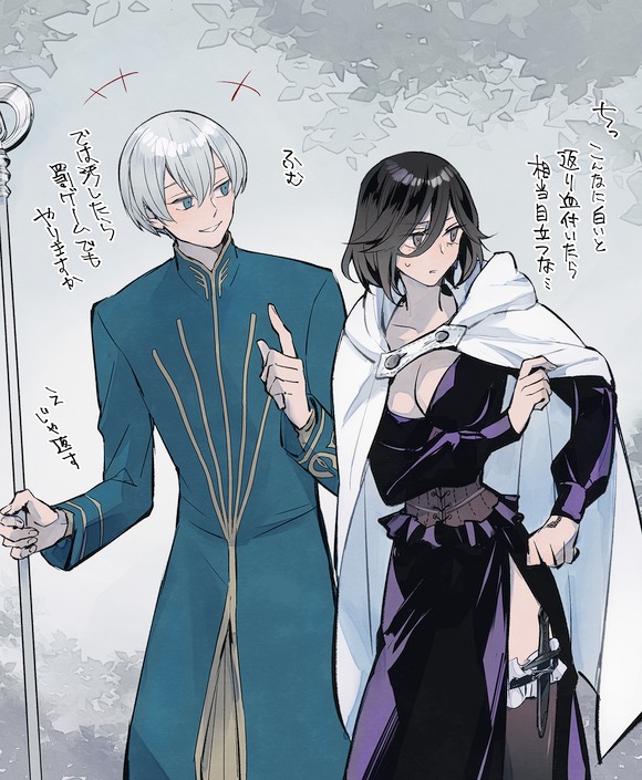 +++ 1boy 1girl black_hair blue_eyes breasts cape cleavage commentary_request dagger dress grel_(r6hgvu5) grey_eyes grey_hair holding holding_staff knife large_breasts octopath_traveler octopath_traveler_ii purple_dress short_hair smile staff sweat temenos_mistral thighhighs throne_anguis translation_request weapon white_cape