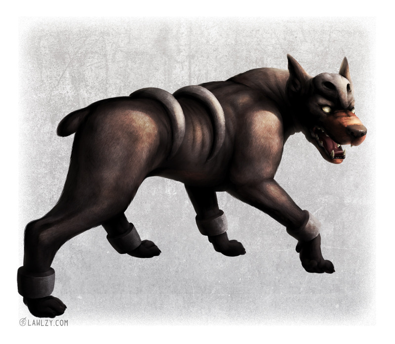 animal_focus blank_eyes commentary creature dog english_commentary fangs full_body gen_2_pokemon houndour looking_at_viewer nintendo no_humans pokemon pokemon_(creature) realistic solo standing versiris watermark web_address