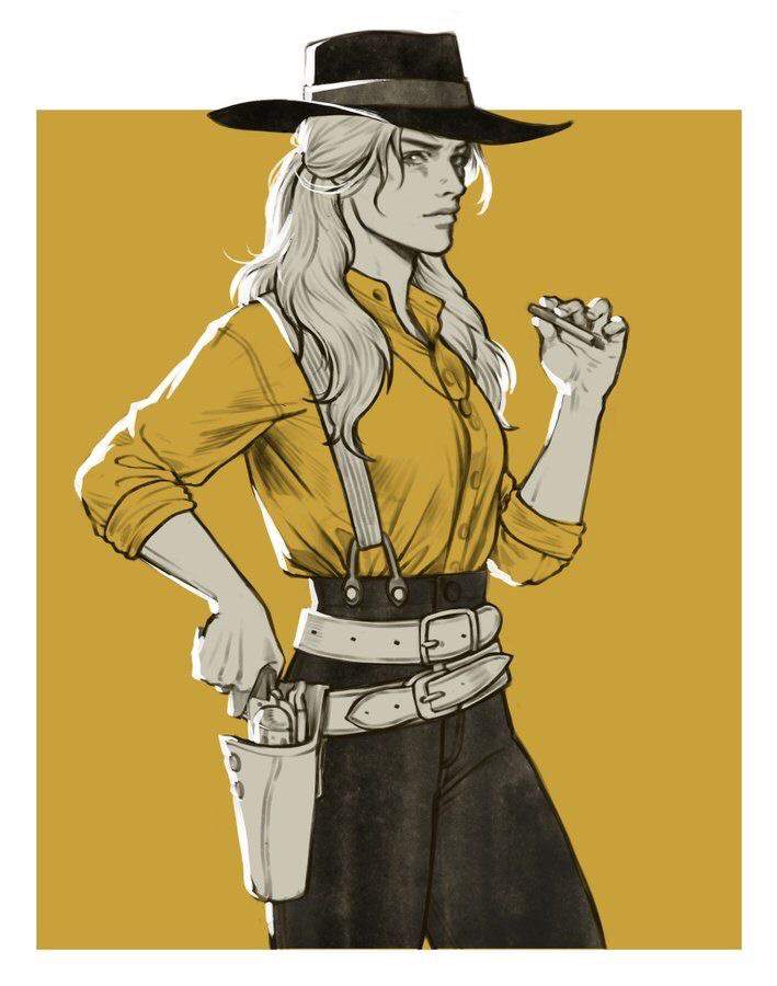 1girl artist_request belt black_pants blonde_hair border cigarette closed_mouth female_focus gun hand_up hat long_hair long_sleeves looking_at_viewer looking_to_the_side pants ponytail red_dead_redemption_(series) red_dead_redemption_2 sadie_adler serious sheath shirt solo weapon white_border yellow_background yellow_shirt