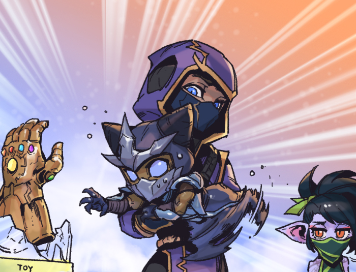 1girl 2boys akali alternate_ears alternate_form animification avengers_(series) bare_shoulders black_gloves black_hair blue_eyes blue_sclera colored_sclera colored_skin gloves green_ribbon hair_ribbon height_difference helmet horns infinity_gauntlet kennen long_hair marvel mask mouth_mask multicolored_background multiple_boys no_pupils phantom_ix_row pink_skin pointy_ears ribbon shen_(league_of_legends) yordle