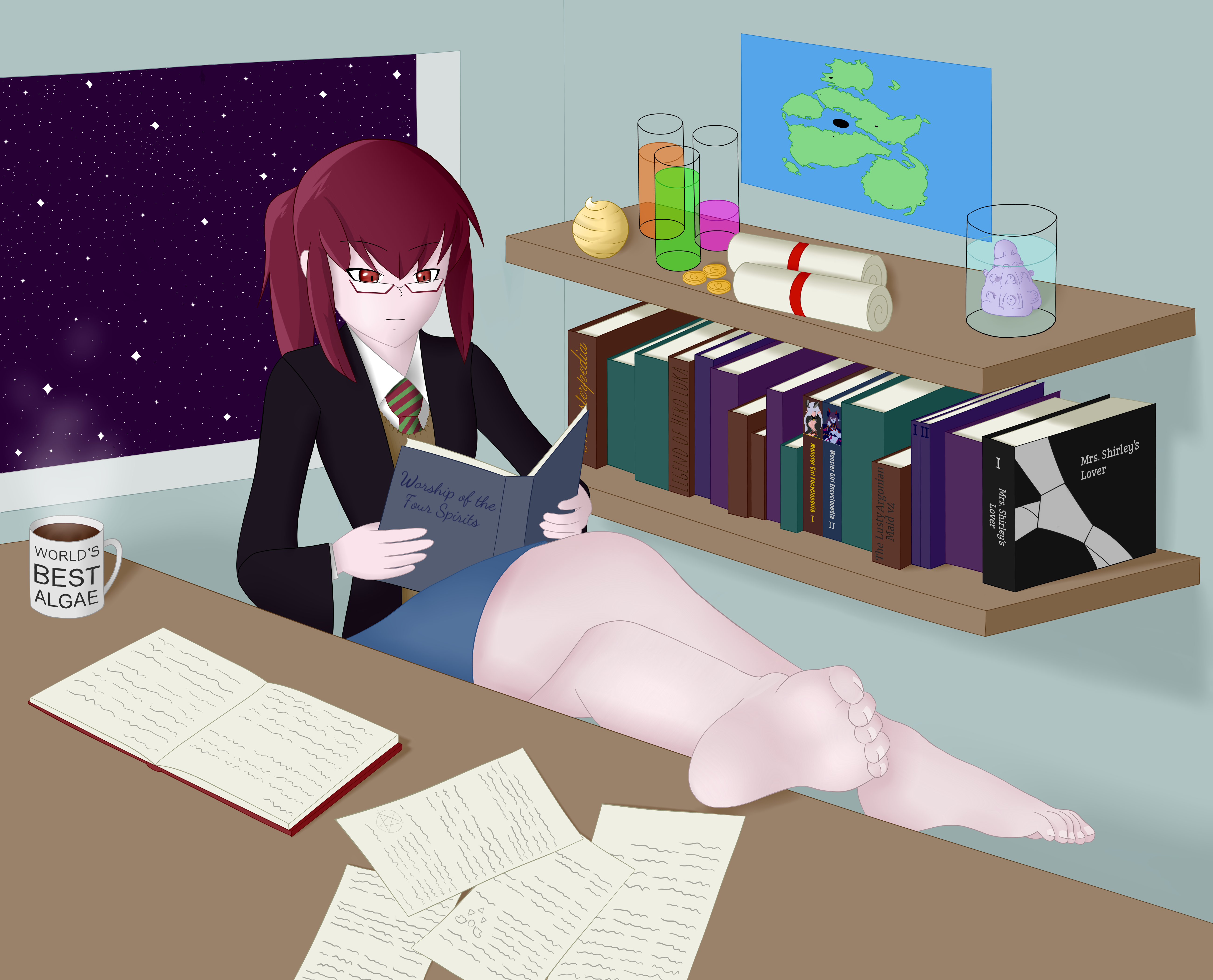 1girl absurdres aged_down ball bare_legs barefoot black_coat blue_skirt book brown_sweater_vest closed_mouth coat coffee coin commentary crossed_legs cup demon_(monster_girl_encyclopedia) diagonal-striped_clothes diagonal-striped_necktie distortedlizard english_commentary english_text expressionless feet feet_on_table fifty_shades_of_grey full_body green_necktie highres holding holding_book indoors jar legs lilim_(monster_girl_encyclopedia) long_hair long_sleeves map_(object) mon-musu_quest! mon-musu_quest:_paradox monster_girl_encyclopedia monster_girl_encyclopedia_ii mug necktie open_book pantyhose paper ponytail promestein reading red-framed_eyewear red_eyes red_hair red_necktie scroll semi-rimless_eyewear shadow shelf shirt sitting skirt soles solo space star_(sky) striped_clothes striped_necktie sweater_vest table tamamo_(mon-musu_quest!) tentacles the_elder_scrolls toenails toes under-rim_eyewear variant_set vial white_shirt window