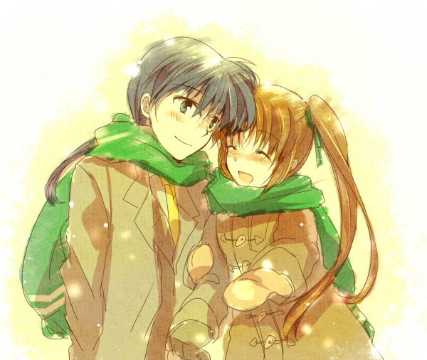 1boy 1girl chrono_harlaown couple hetero lyrical_nanoha scarf takamachi_nanoha takana_(nanao) triangle_heart_3 twintails winter_clothes