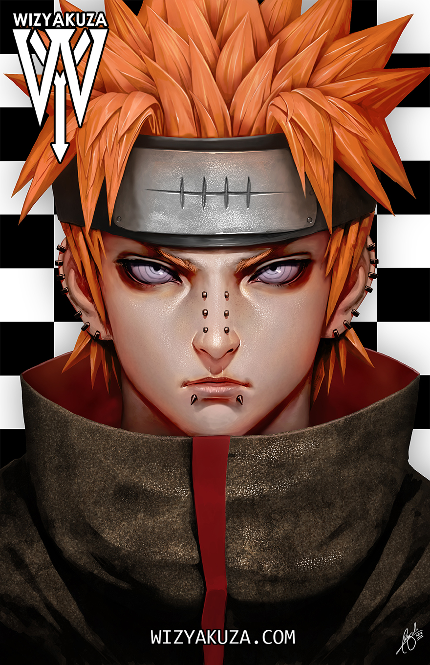 1boy artist_name checkered_background ear_piercing face_piercing forehead_protector headband highres lip_piercing male_focus manly naruto_(classic) naruto_(series) nose_piercing orange_hair pain_(naruto) piercing portrait purple_eyes rinnegan signature solo watermark web_address wizyakuza