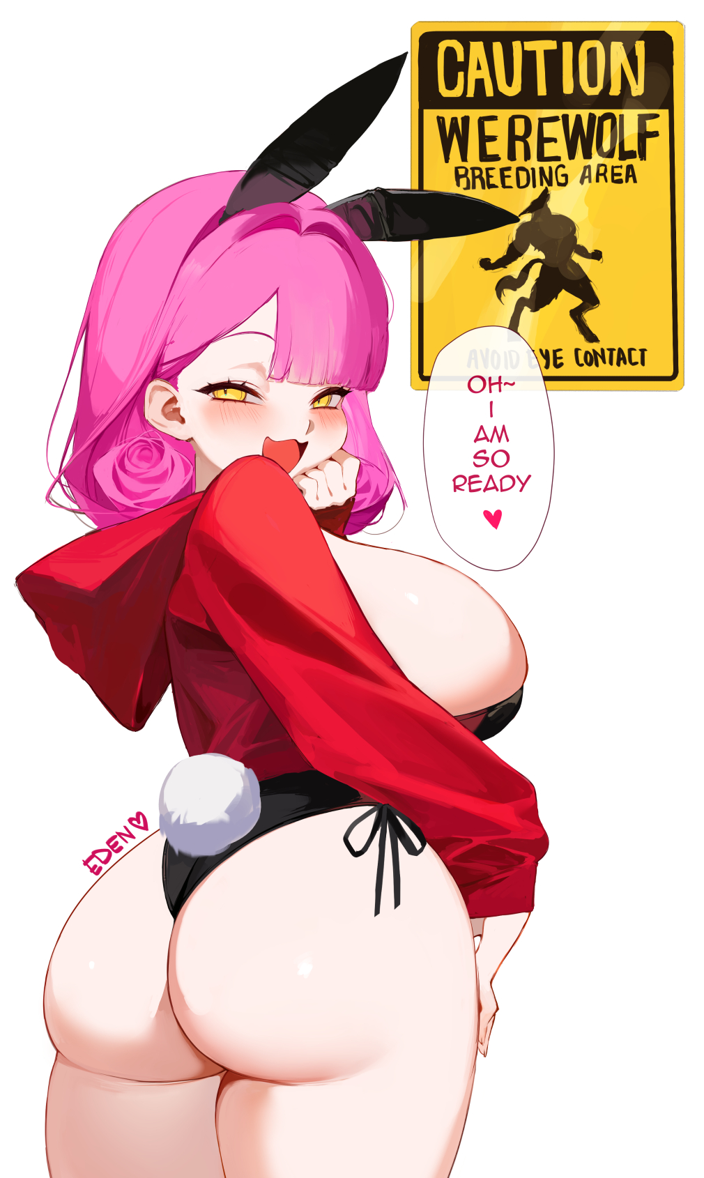 1girl animal_ears ass black_leotard blush breasts come_hither eden_(shiroki_yuutsu) english_text from_behind heart highres hood hoodie huge_breasts large_breasts leotard long_hair long_sleeves looking_at_viewer mixed-language_commentary naughty_face open_mouth original pink_hair playboy_bunny rabbit_ears rabbit_tail red_hoodie sideboob sign smile solo strapless strapless_leotard tail thighs vanilla_(eden_(shiroki_yuutsu)) warning_sign yellow_eyes
