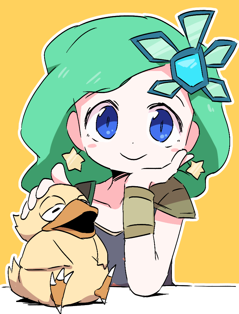 1girl blue_eyes blush_stickers chocobo closed_mouth collarbone commentary_request dokan_(dkn) earrings elbow_on_table fat_chocobo final_fantasy final_fantasy_iv green_hair hair_ornament jewelry long_hair looking_at_viewer outline rydia_(ff4) rydia_(young)_(ff4) simple_background smile star_(symbol) white_outline yellow_background