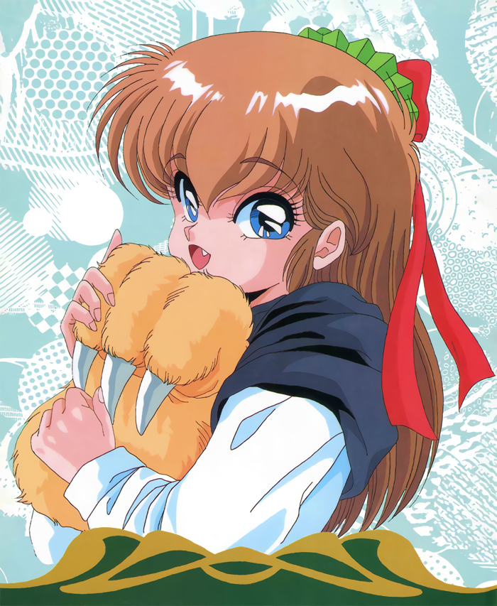 1990s_(style) 1girl blue_eyes bow brown_hair claws dragon_knight_(elf) dragon_knight_2 fang hair_bow long_hair long_sleeves non-web_source official_art open_mouth retro_artstyle solo sugimoto_takami upper_body