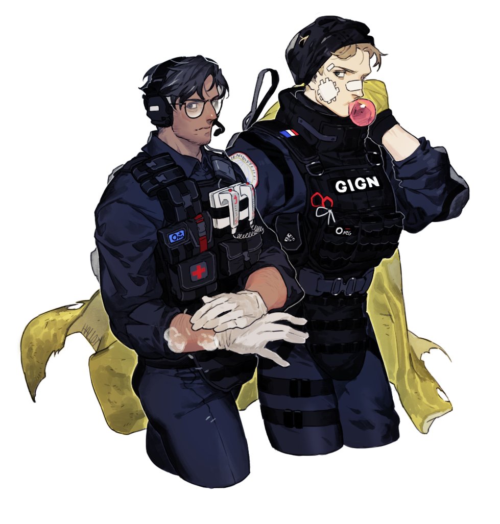 2boys arm_up armband bandaid bandaid_on_face beanie belt black_hair black_hat blonde_hair blue_pants blue_shirt brown_eyes bulletproof_vest chewing_gum closed_mouth collared_shirt commentary cropped_legs dark-skinned_male dark_skin defibrillator doc_(rainbow_six_siege) english_commentary gauze gauze_on_cheek gloves hallot hat headset lion_(rainbow_six_siege) long_sleeves looking_to_the_side male_focus military_combat_uniform military_uniform multiple_boys pants rainbow_six_siege shirt side-by-side sideways_glance simple_background sleeves_rolled_up thigh_belt thigh_strap walkie-talkie white_background white_gloves wing_collar