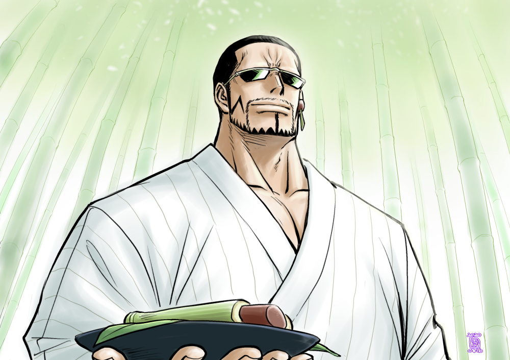 1boy alternate_costume bamboo bamboo_forest beard black_hair earrings facial_hair food food_on_face forest holding japanese_clothes jewelry kimono kokorozashi male_focus nature one_piece pectorals plate short_hair solo sunglasses upper_body vergo_(one_piece) white_kimono