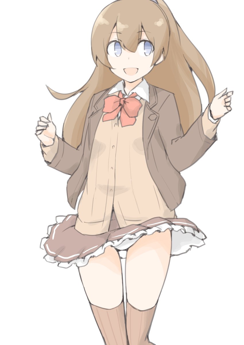 1girl akara_kai blazer blue_eyes bow bowtie brown_cardigan brown_hair brown_jacket brown_serafuku brown_skirt brown_thighhighs cardigan frilled_skirt frills hair_ornament highres jacket kantai_collection kumano_(kancolle) kumano_kai_ni_(kancolle) long_hair orange_bow orange_bowtie panties pleated_skirt ponytail school_uniform serafuku simple_background skirt solo thighhighs underwear white_background white_panties
