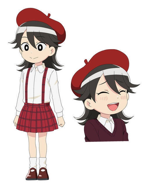 1girl :&gt; beanie black_eyes black_hair boku_to_roboco eyelashes hat looking_ahead medium_hair official_art reference_sheet ruri_gachi shirt skirt smile solo suspender_skirt suspenders white_background white_shirt