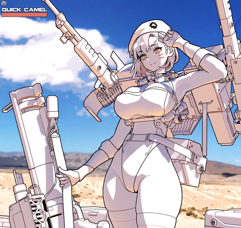 1girl armpits beret blue_sky breasts bullet check_commentary circle_a closed_mouth cloud cloudy_sky colored_skin commentary_request desert facepaint gloves gun hat highleg highleg_leotard holding holding_gun holding_weapon large_breasts last_origin leotard machine_gun military military_hat military_uniform outdoors pink_eyes quick_camel rocket_launcher salute short_hair sky smile solo thighhighs two-finger_salute weapon white_gloves white_hair white_leotard white_skin white_thighhighs zettai_ryouiki