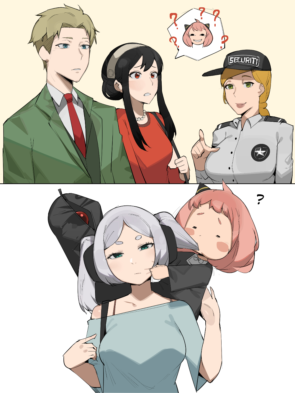 1girl 4girls ? anya&#039;s_heh_face_(meme) anya_(spy_x_family) black_hair blonde_hair blue_eyes blush_stickers braid breasts child crossover dr_octojuice eating_hair fake_horns five_nights_at_freddy&#039;s formal_clothes frieren green_eyes green_suit hair_ornament hairband hat hetero highres horns husband_and_wife large_breasts lips multiple_crossover multiple_girls necktie pink_hair pointing red_eyes red_shirt security_guard shirt short_hair sidelocks sousou_no_frieren spy_x_family suit twilight_(spy_x_family) twintails vanessa_(fnaf) white_hair yor_briar