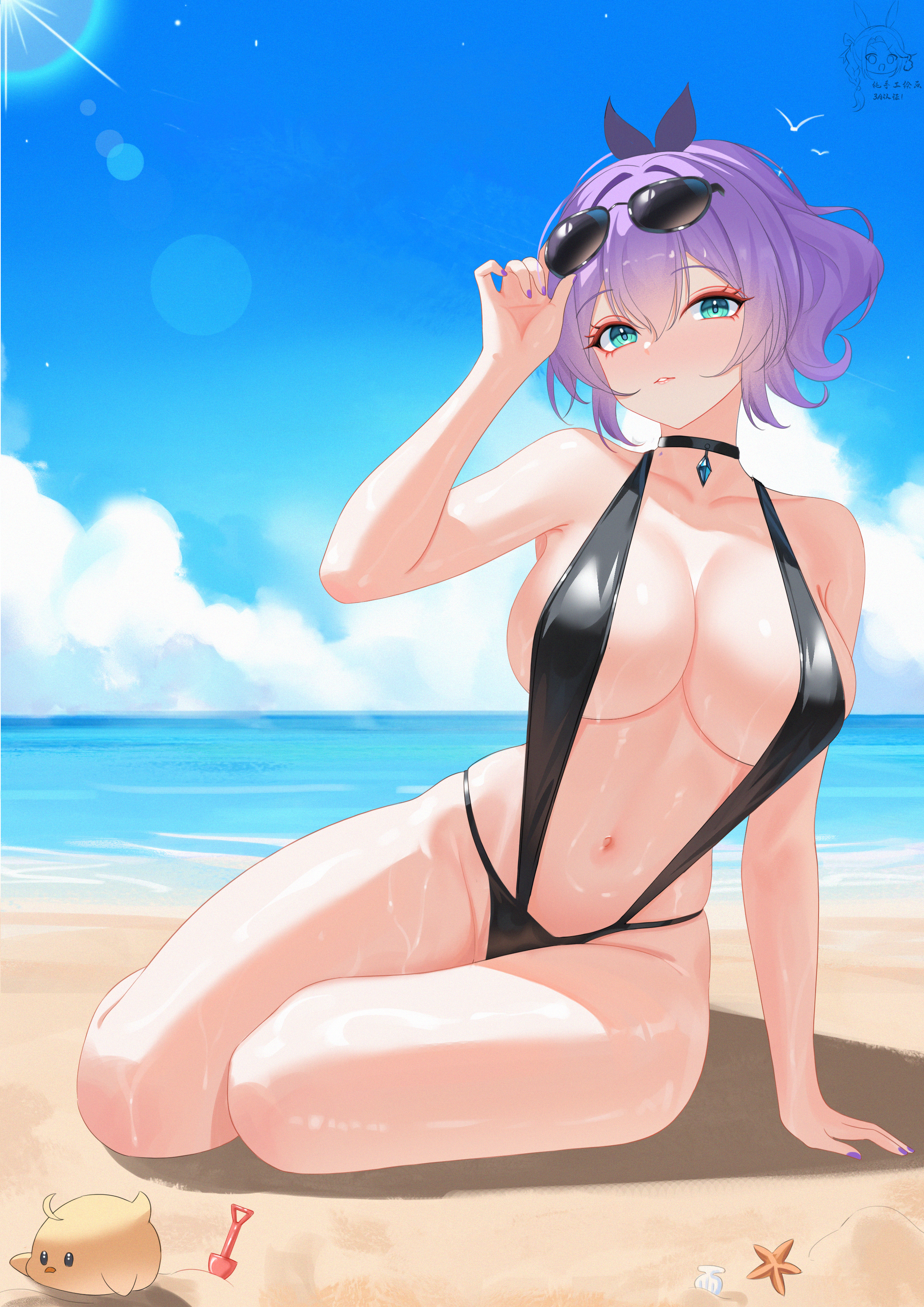 1girl absurdres alternate_breast_size azur_lane beach bikini black_bikini black_choker blue_eyes blush breasts choker commentary_request day expressionless eyewear_on_head full_body groin hair_between_eyes highres javelin_(azur_lane) large_breasts legs_together medium_hair nanqizizhou navel ocean outdoors parted_lips purple_hair purple_nails sitting sling_bikini_top solo stomach sunglasses swimsuit thighs wet