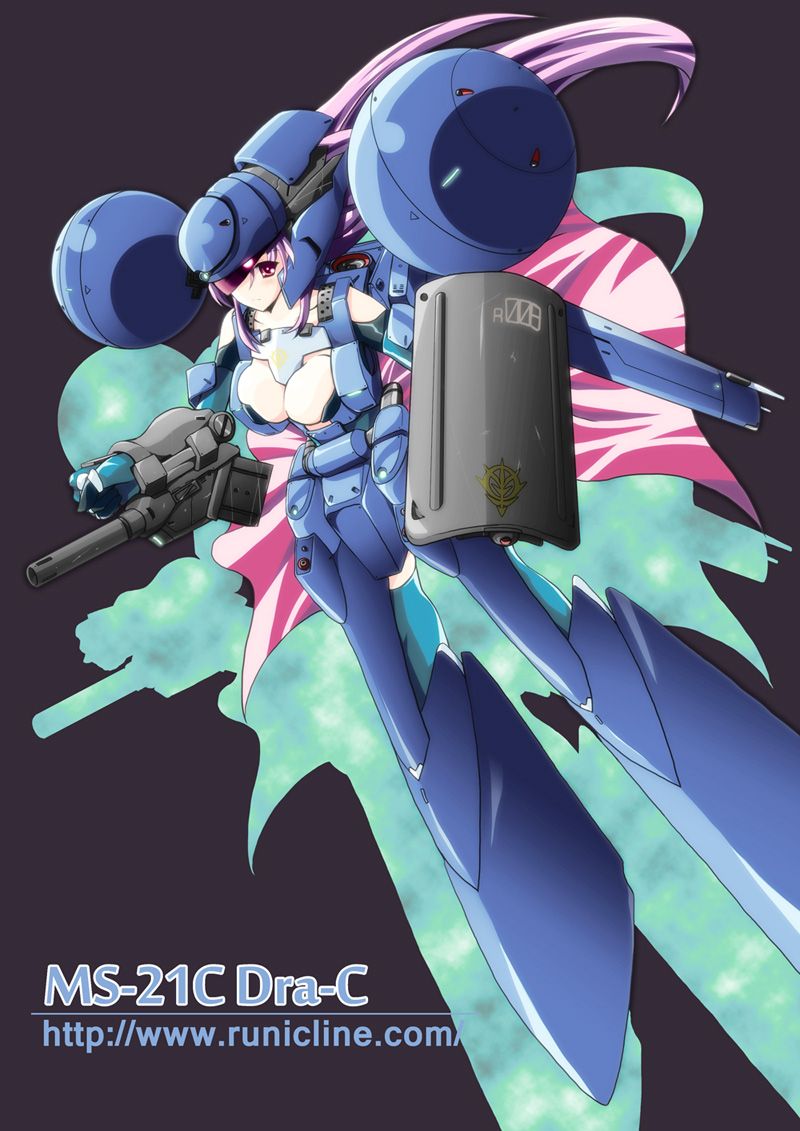 1990s_(style) 1girl bad_id bad_pixiv_id beam_rifle breasts cleavage dra-c energy_gun gun gundam gundam_0083 kousaka_yami large_breasts mecha_musume pink_eyes purple_hair shield thighhighs weapon yami_kosaka