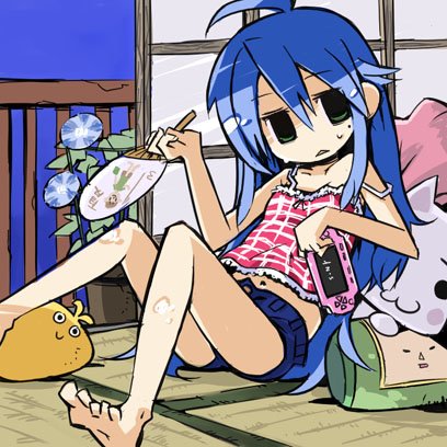 00s 1girl :&lt; :3 ahoge bad_id bad_pixiv_id barefoot blue_hair camisole feet female_focus flower game_console green_eyes hand_fan handheld_game_console inoue_toro izumi_konata katamari_damacy kulche kuma_jet legs_up locoroco long_hair lowres lucky_star lying midriff mole mole_under_eye morning_glory navel on_back paper_fan plant playing_games playstation_portable reclining short_shorts shorts shouji sliding_doors solo strap_slip stuffed_animal stuffed_toy summer sweat tatami the_prince triangle_mouth uchiwa video_game