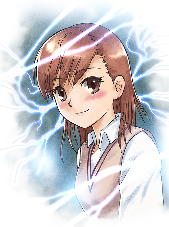 1girl blue_background blush bob_cut border breasts brown_eyes brown_hair brown_sweater_vest close-up closed_mouth collared_shirt commentary cropped_torso dress_shirt electricity electrokinesis from_side light_smile looking_at_viewer looking_to_the_side medium_hair misaka_mikoto no_emblem portrait psychic school_uniform shirt small_breasts smile solo summer_uniform sweater_vest swept_bangs tama-san_daioh toaru_kagaku_no_railgun toaru_majutsu_no_index tokiwadai_school_uniform vignetting white_border white_shirt