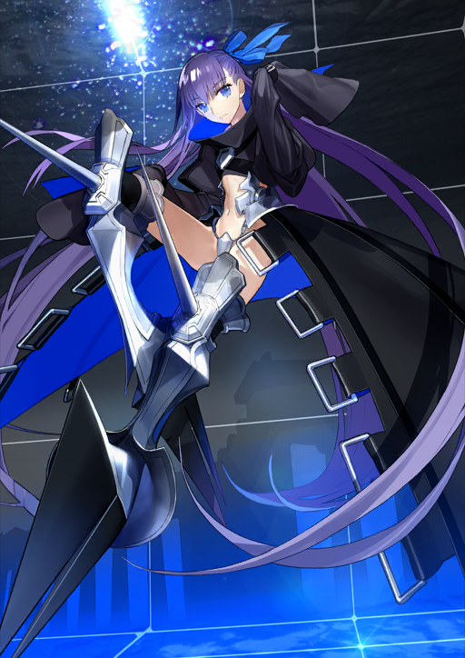 1girl absurdly_long_hair armored_boots black_jacket black_skirt black_thighhighs blue_eyes blue_jacket blue_ribbon blue_skirt boots breasts chain closed_mouth cropped_jacket crotch_plate dynamic_pose expressionless fate/grand_order fate_(series) floating_hair full_body grey_boots grid hair_between_eyes hair_ribbon hand_up high_collar jacket juliet_sleeves knee_spikes knee_up long_hair long_skirt long_sleeves looking_at_viewer meltryllis_(fate) navel official_art platform_boots puffy_sleeves purple_hair ribbon showgirl_skirt skirt sleeves_past_fingers sleeves_past_wrists solo spikes thighhighs third-party_source two-sided_fabric two-sided_jacket two-sided_skirt variant_set very_long_hair wada_arco