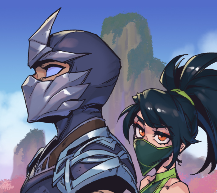 1boy 1girl akali armor bare_shoulders black_hair blue_eyes covered_collarbone from_side green_hairband hairband league_of_legends long_hair looking_at_another mask mountain mouth_mask orange_eyes outdoors phantom_ix_row ponytail portrait shen_(league_of_legends)