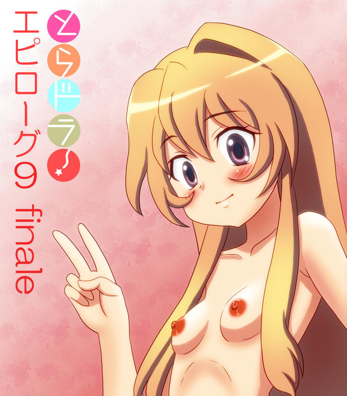 1girl aisaka_taiga arms_at_sides blush breasts brown_eyes brown_hair chunpai collarbone female_focus gradient_background hair_between_eyes hand_up happy head_tilt japanese_text long_hair looking_at_viewer nipples peace_symbol petite pink_background puffy_nipples shiny_skin sidelocks small_breasts smile solo standing toradora! translated upper_body very_long_hair