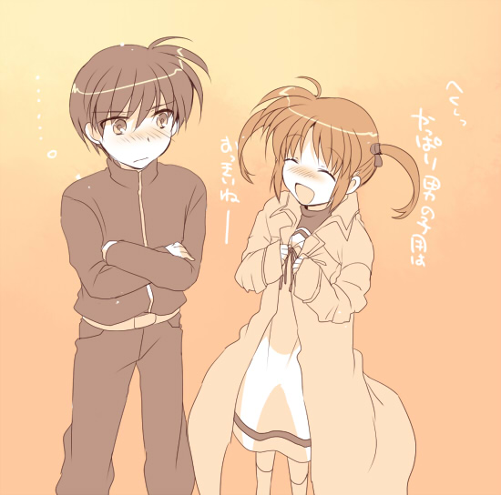 1boy 1girl :d ^_^ blazer blush chrono_harlaown closed_eyes coat crossed_arms dress jacket long_sleeves lyrical_nanoha open_mouth pants school_uniform short_hair smile takamachi_nanoha takana_(nanao) triangle_heart_3 twintails