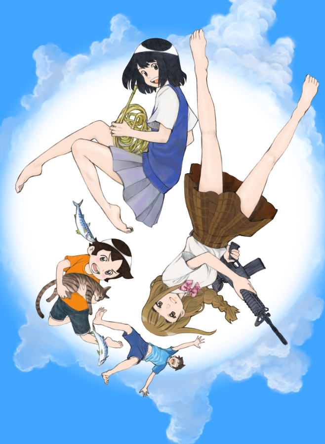 1boy 3girls barefoot black_hair braid brown_hair cat cloud family father_(yurusaba) father_and_daughter fish floating french_horn full_body instrument miniskirt momo_(yurusaba) multiple_girls official_art rin_(yurusaba) sekiguchi_taro shirt short_sleeves siblings sisters skirt sweater_vest tsumugi_(yurusaba) upside-down white_shirt yurusaba.
