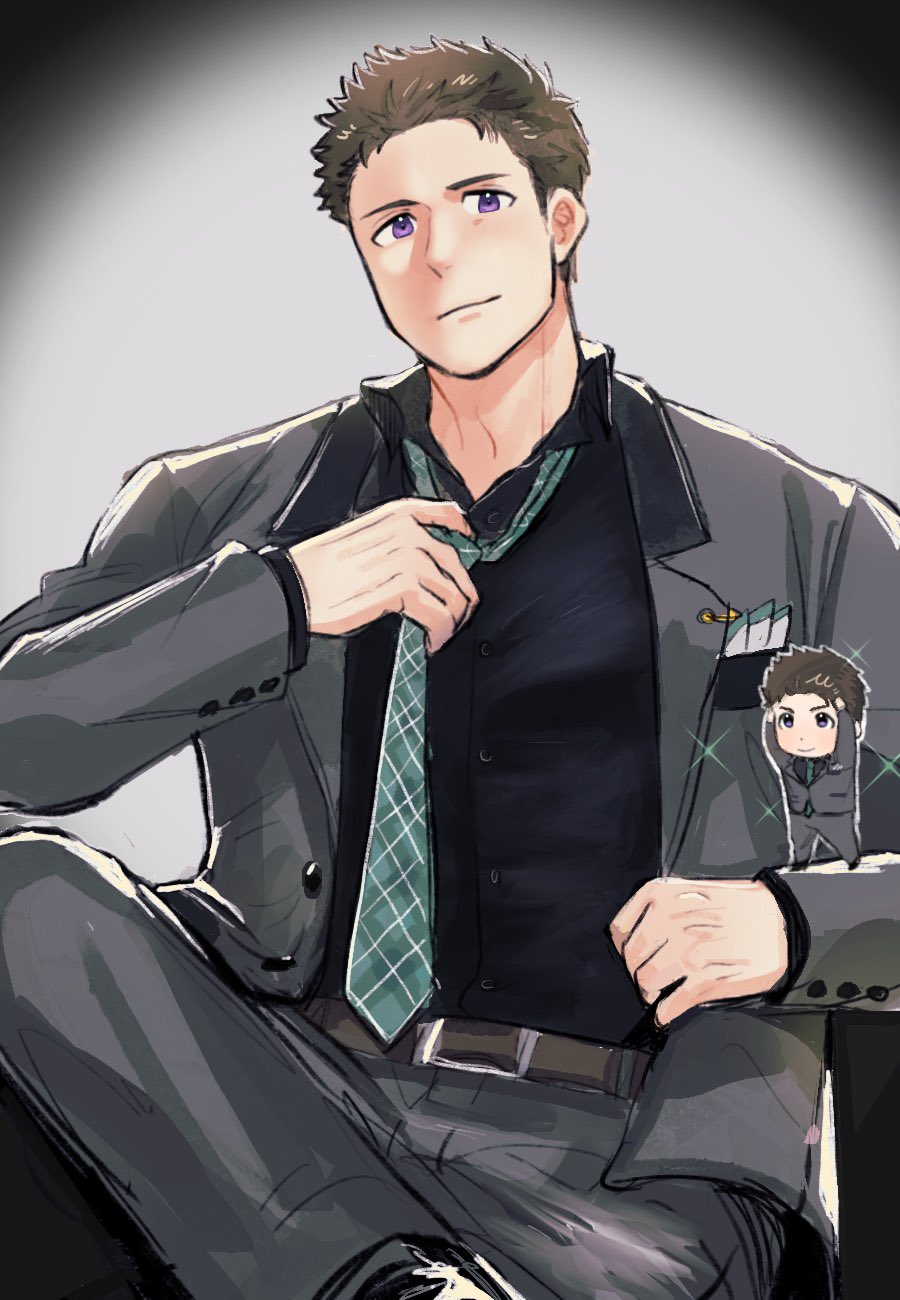 1boy alternate_hairstyle belt black_shirt brown_hair chibi chibi_inset collared_shirt crossed_legs formal_clothes gradient_background grey_suit highres idolmaster idolmaster_side-m jacket lllsaedesu looking_at_viewer male_focus necktie open_clothes open_jacket purple_eyes shingen_seiji shirt short_hair simple_background sitting sonikinme suit