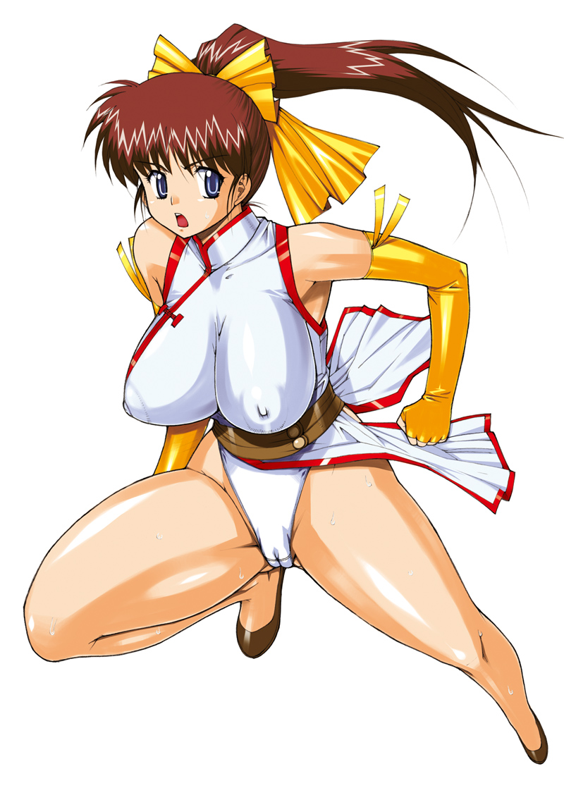 bare_shoulders blue_eyes breasts cameltoe fingerless_gloves gloves kinokoallstars large_breasts ponytail sweat