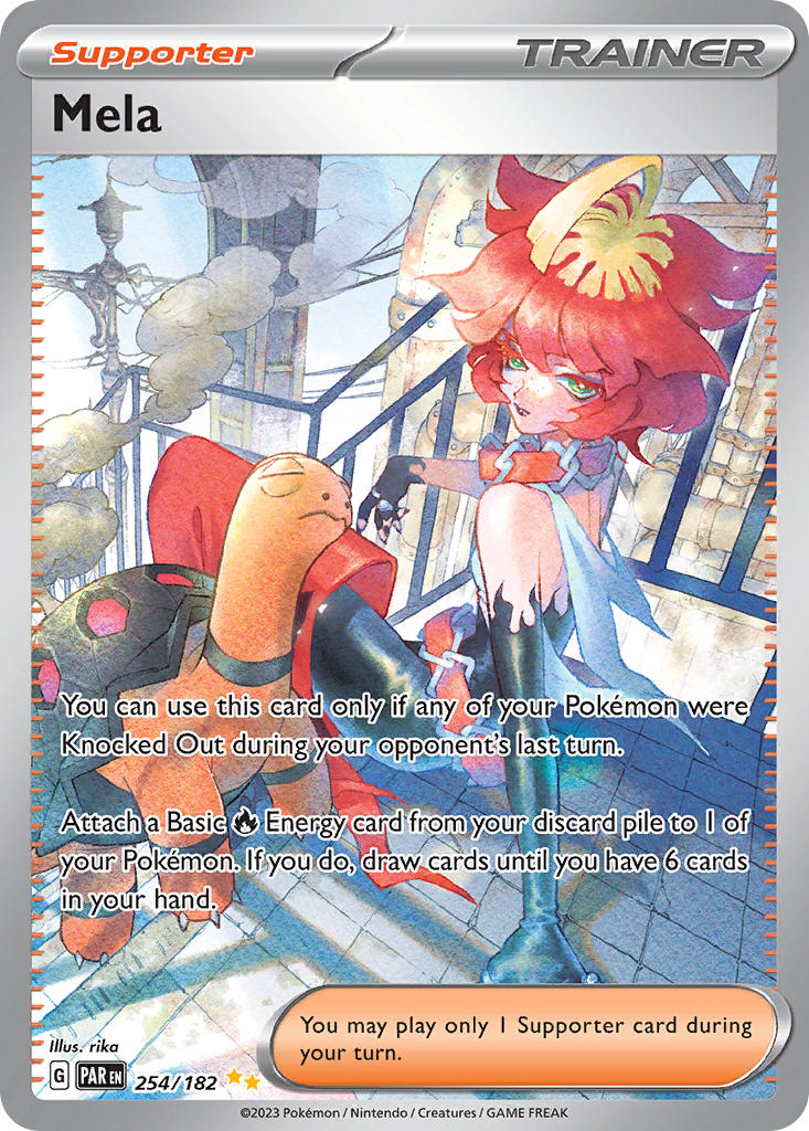 0_rika_0 1girl ahoge artist_name belt black_gloves black_lips blonde_hair boots card_(medium) character_name choker closed_eyes closed_mouth colored_eyelashes company_name copyright_name copyright_notice elbow_gloves english_text freckles gen_3_pokemon gloves green_eyes lamppost lipstick makeup mela_(pokemon) multicolored_hair nintendo official_art pokemon pokemon_(creature) pokemon_card pokemon_sv pokemon_tcg railing red_belt red_boots red_choker red_hair sitting smoke team_star third-party_source torkoal trading_card two-tone_hair