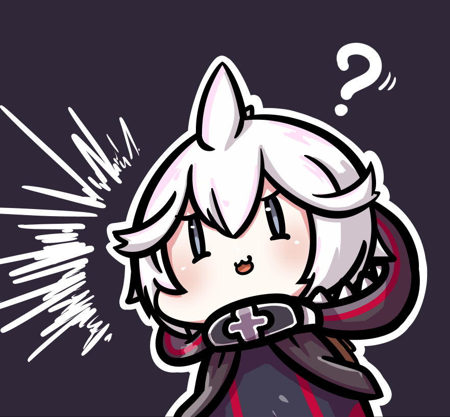 1girl :d ? ahoge animal_hood azur_lane black_jacket black_one-piece_swimsuit blue_eyes chibi grey_background hood jacket kagami_kino one-piece_swimsuit open_mouth outline shark_hood short_hair simple_background smile solo swimsuit u-110_(azur_lane) white_hair white_outline